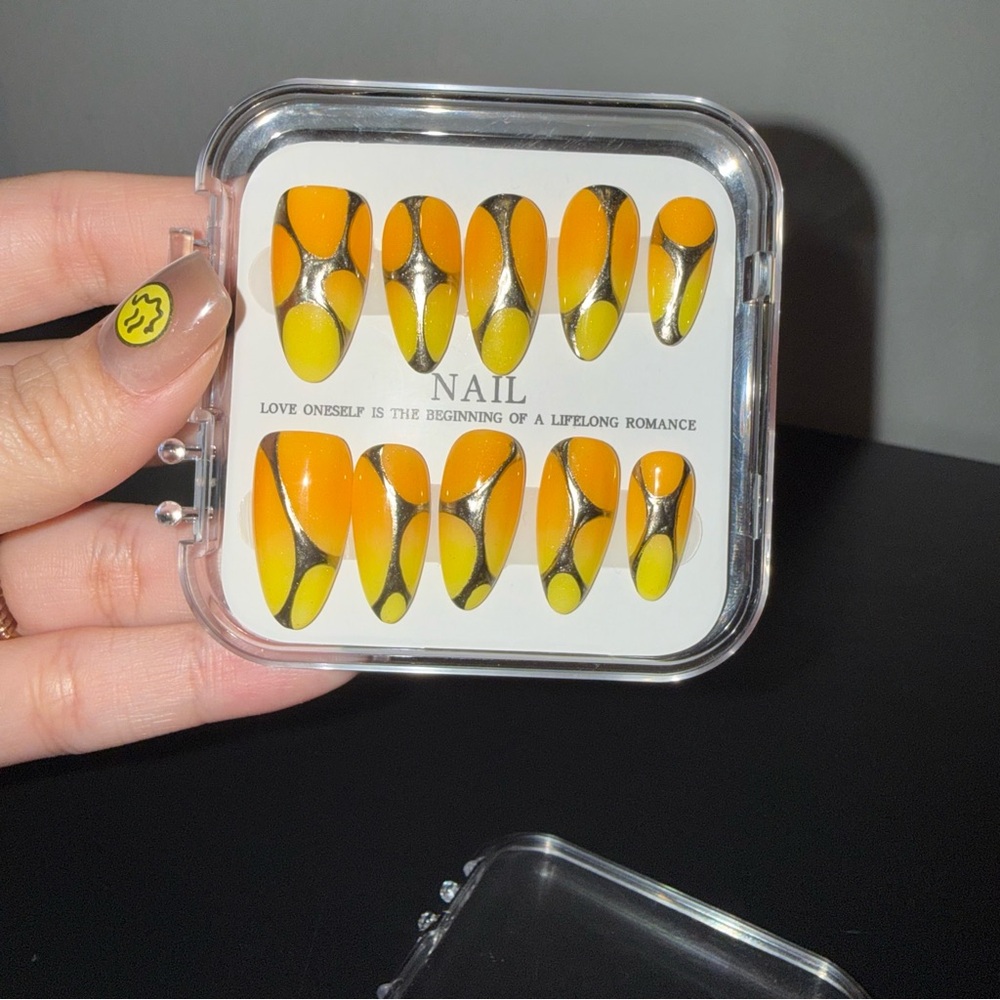 Ombré Orange and Yellow Press-On Nails with Silver Accents